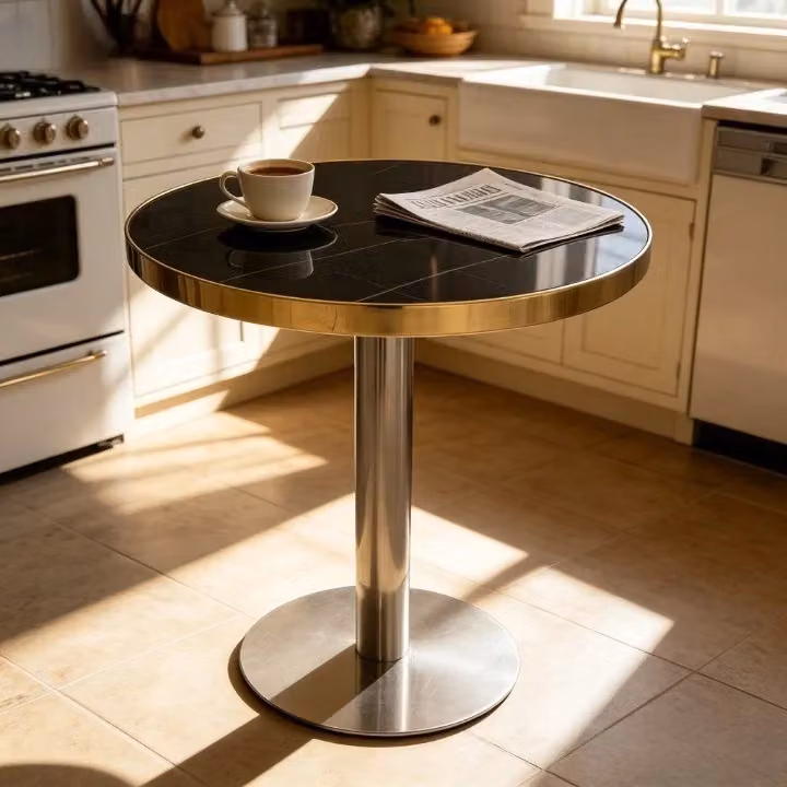 Tavolino Rotondo da Salotto Minimal con Effetto Marmo Nero e Struttura in Acciaio Dorato, Diametro: 74 cm, Altezza: 60 cm – 2