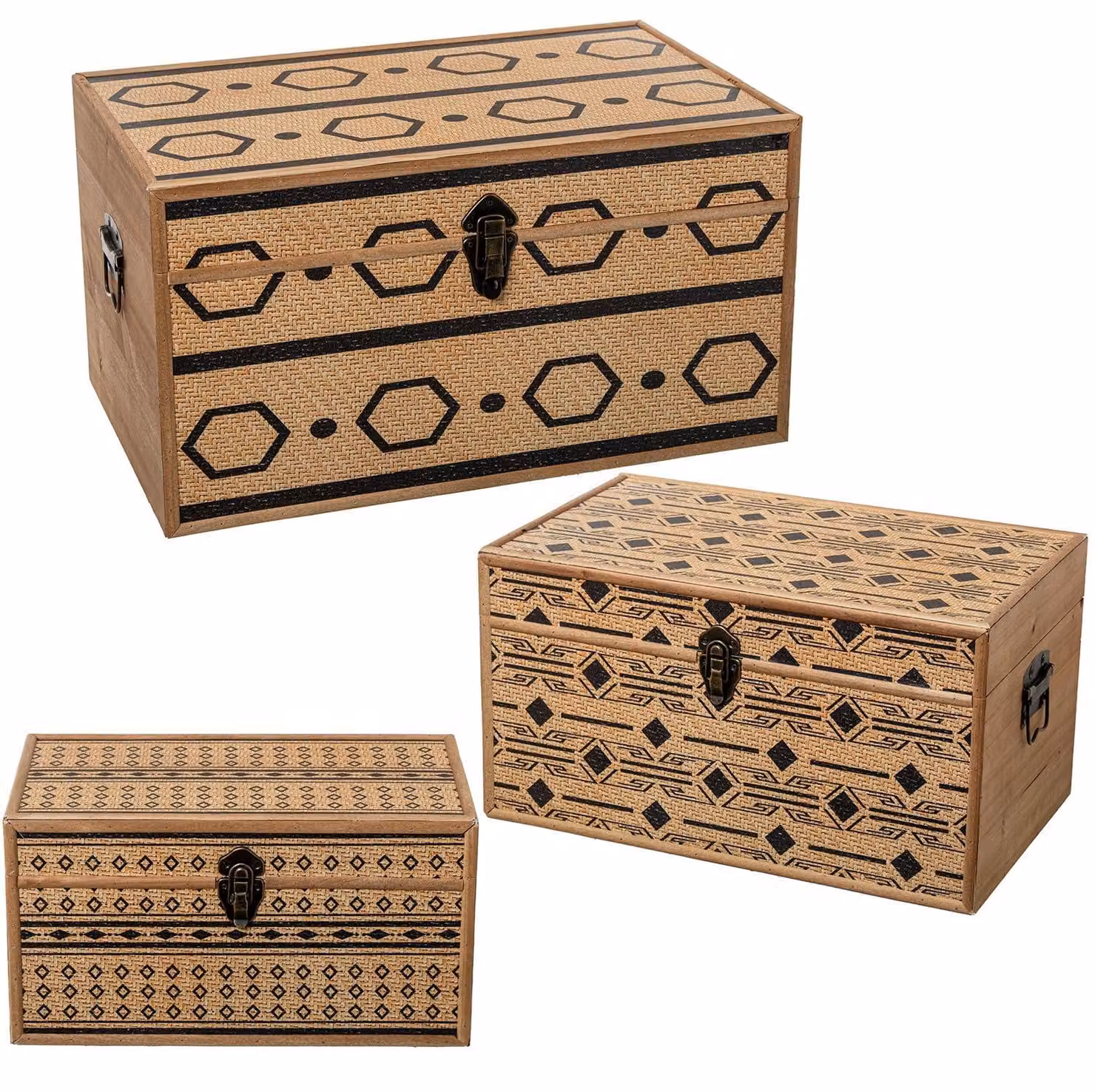 Set di 3 contenitori in legno/ecopelle, aspetto simile al vimini, dimensioni 56x34x30 cm