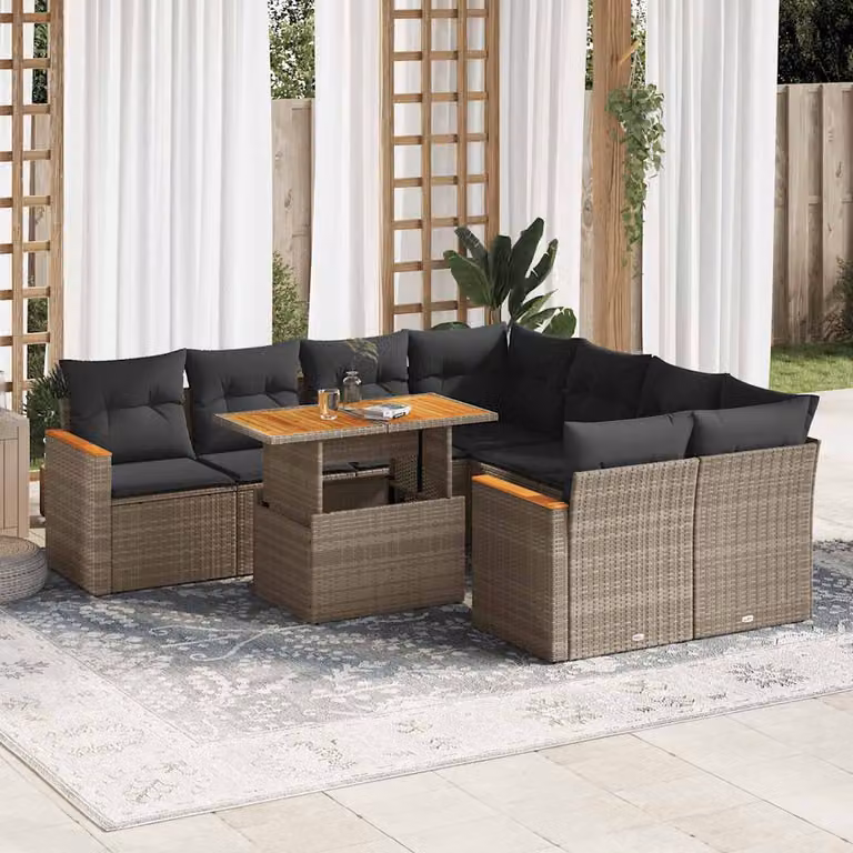 Set Divano da Giardino vidaXL 9pz a Forma di L in Polyrattan e Legno di Acacia con Cuscini e Tavolino da Caffè, Grigio