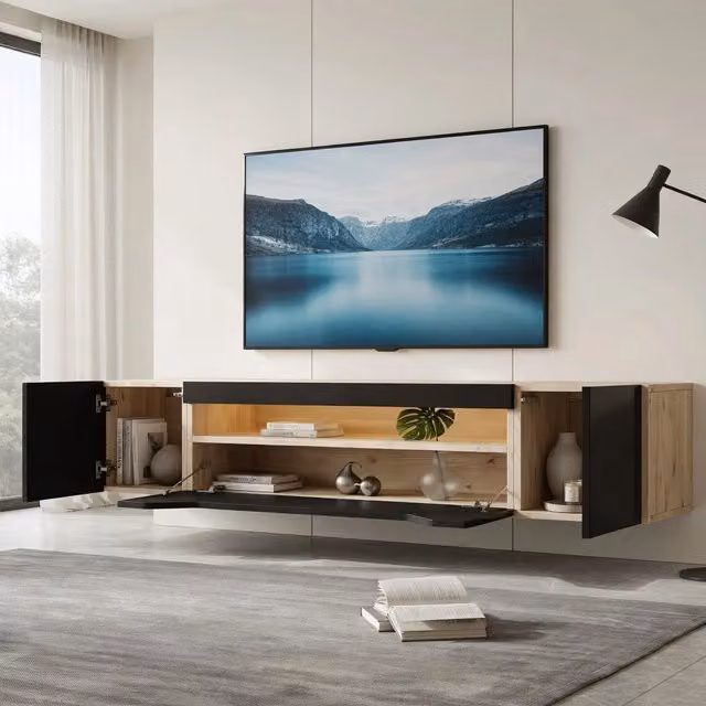 Mobile TV moderno KOMHTOM sospeso in MDF lucido beige e nero con illuminazione integrata L: 180 cm, P: 37 cm, H: 36 cm