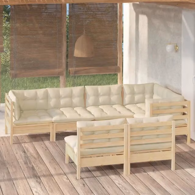 Set Divani da Giardino 7 pz con Cuscini Crema Massello di Pino 3096442
