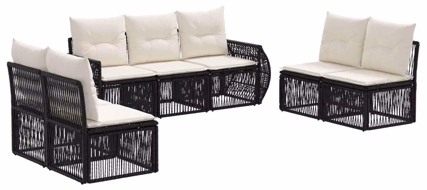 Set da giardino composto da 7 pezzi, in rattan sintetico nero e crema