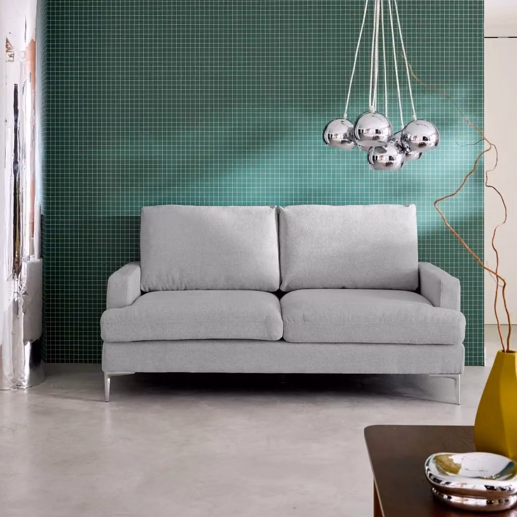 Divano moderno a 3 posti Sweeek in tessuto grigio e bianco con struttura in legno e metallo L: 173 cm, P: 89 cm, H: 90 cm – 2