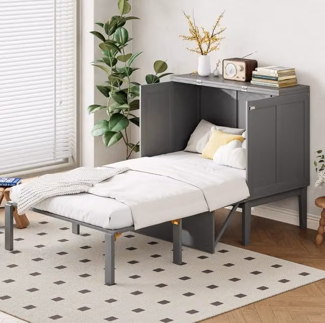 Letto a scomparsa verticale 90x200 cm con rete, struttura grigia salvaspazio per camere singole