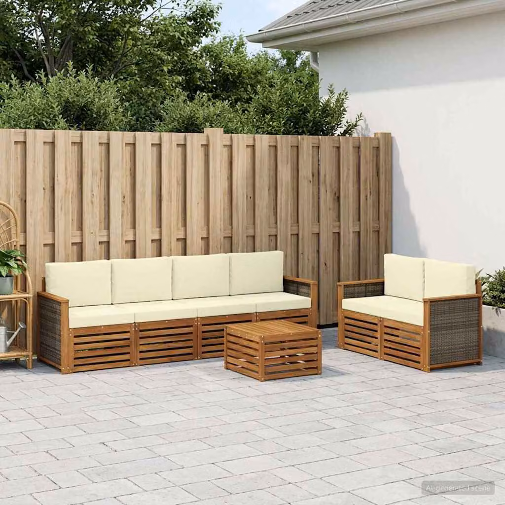 Set di divani da esterno vidaXL 7 pz in legno di acacia con cuscini, colore marrone, beige e bianco