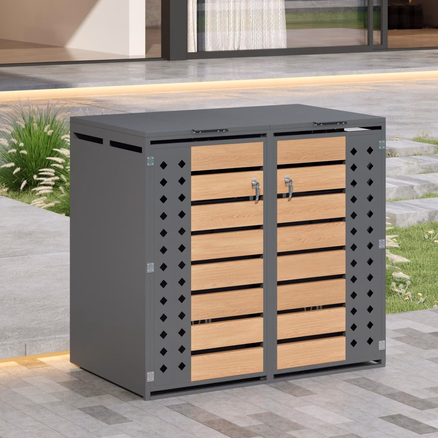 Box per bidoni della spazzatura Merax con coperchio ribaltabile, aperture laterali a forma di diamante, venature del legno orizzontali, chiudibile a chiave, 2 scomparti per giardino e cortile