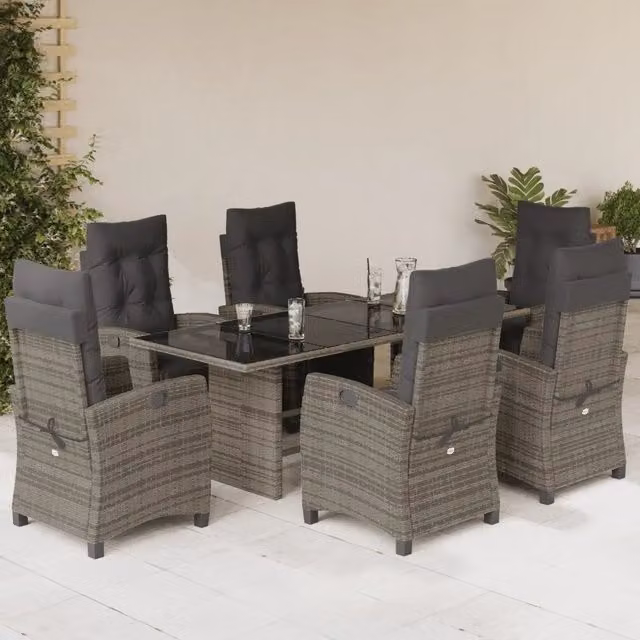 Set da pranzo da giardino moderno vidaXL in polyrattan grigio con tavolo in vetro e 7 pezzi – 1
