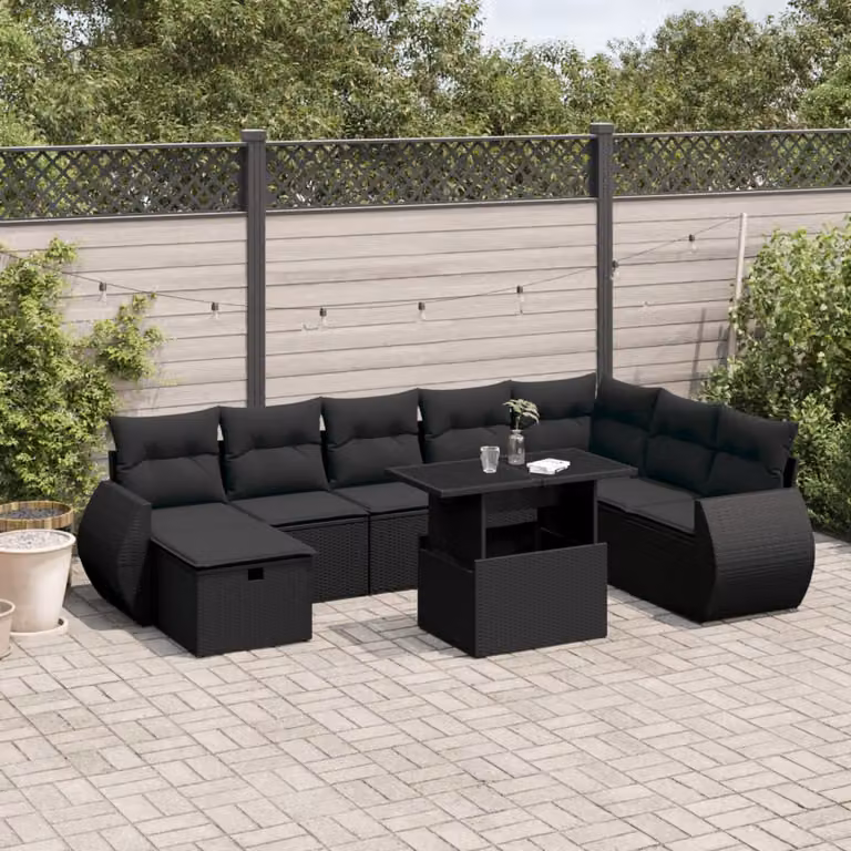 Set di divani da giardino vidaXL in polyrattan nero con cuscini, forma a L e tavolino da esterno