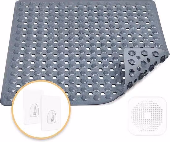 Tappetino da doccia antiscivolo, 53 x 53 cm, 100% privo di BPA, con 2 ganci, foro di scarico in silicone, lavabile in lavatrice, resistente alla muffa, delicato sulla pelle (grigio scuro)