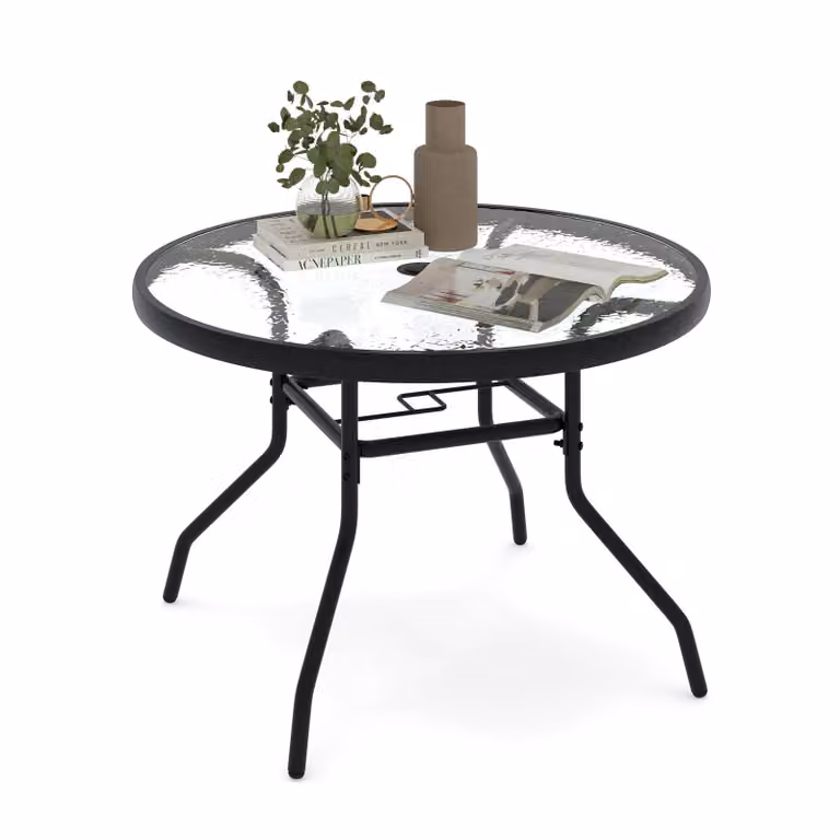 Tavolo da giardino COSTWAY, tavolino da esterno Ø 70 cm con foro per ombrellone e piano in vetro, tavolo rotondo da patio, tavolo da balcone, tavolino da caffè