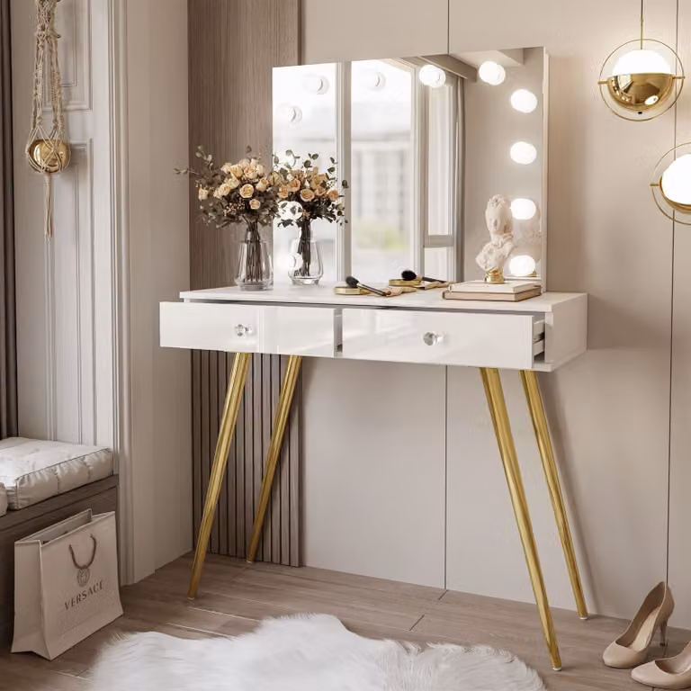 SIENNA GOLD ELITE Toeletta con specchio, bianco lucido, maniglie - cristallo bianco