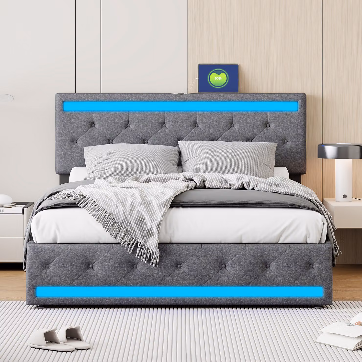 Letto imbottito matrimoniale 140x200 cm, 4 cassetti + stazione di ricarica, con striscia luminosa a LED, in lino, design moderno, ideale per camere da letto, funzionale ed elegante