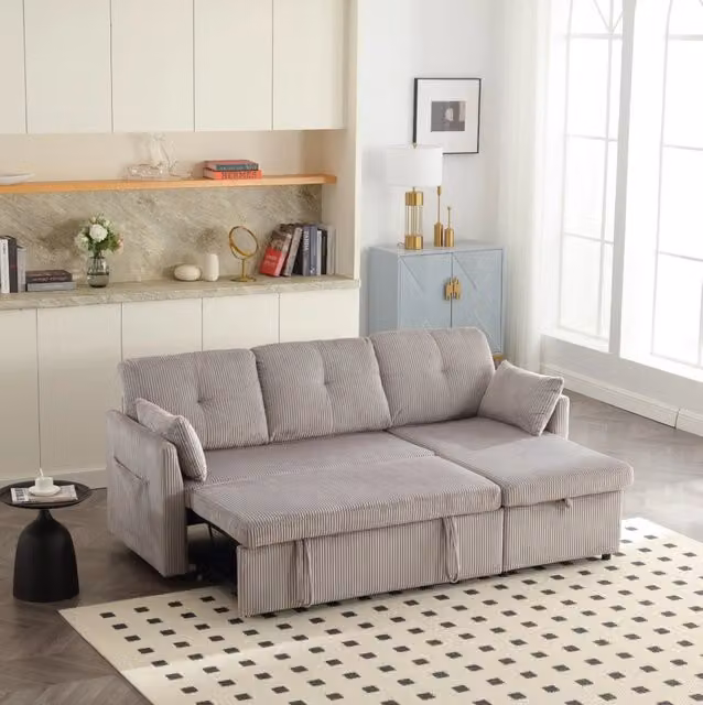 Divano letto angolare modulare con contenitore in velluto a coste grigio chiaro HOMVRA