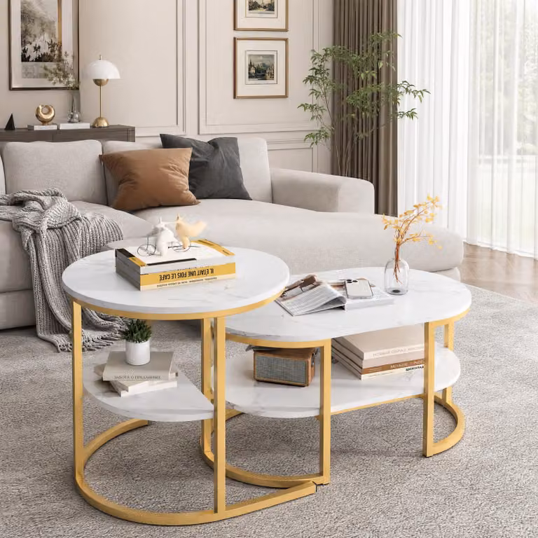 Set di 2 tavolini INONEFT, con aspetto marmorizzato, forma ovale, con spazio contenitivo, struttura in metallo, ideali per il soggiorno, tavolino da divano, finitura dorata