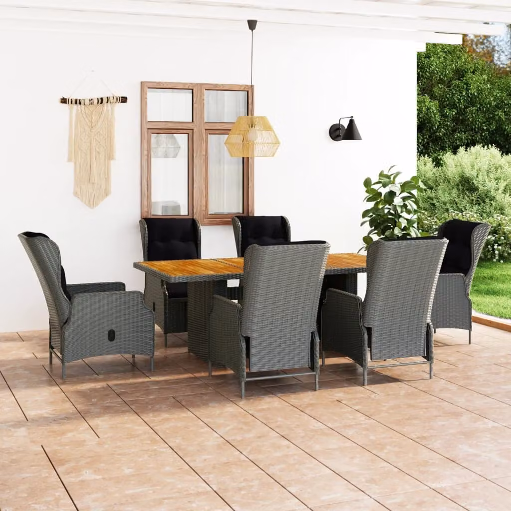 The Living Store Set da pranzo da giardino 7 pezzi con cuscini in poly rattan grigio chiaro