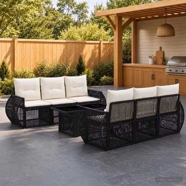 Set Divano da Giardino 7 pz Nero e Bianco Crema polyrattan 3436900