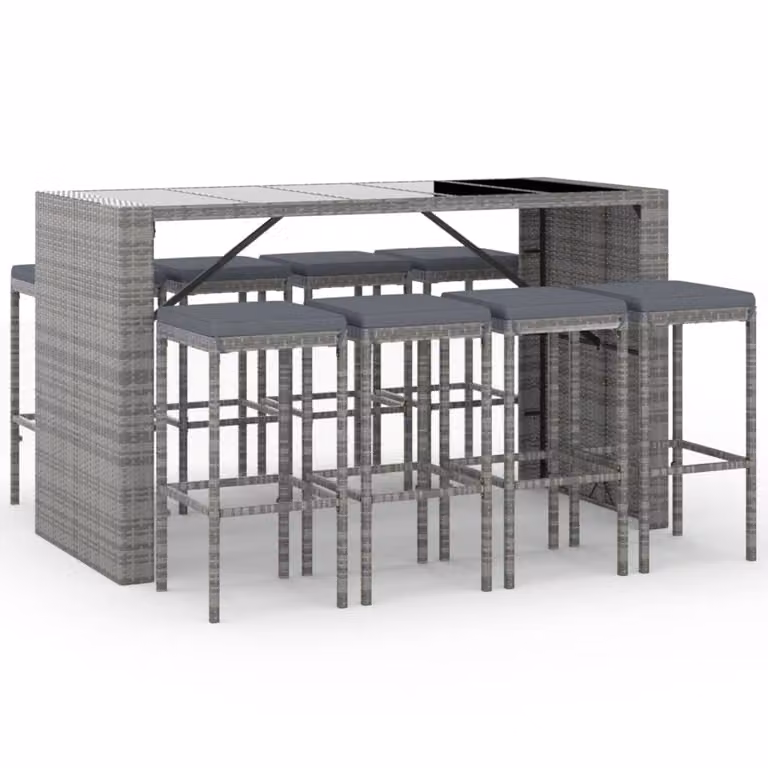 Set Bar da Giardino 9 pz con Cuscini in Polyrattan Grigio