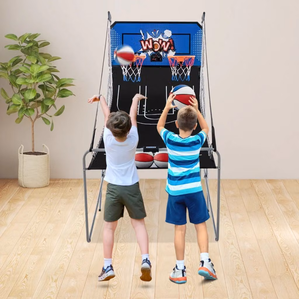Macchina da pallacanestro arcade pieghevole con doppio canestro e punteggio elettronico, colore blu, H: 206 cm, L: 110 cm, P: 206 cm – 2