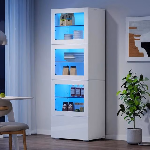 Vetrina 60x40x173 cm con LED - Xylo - 3 ripiani in vetro, ante in acrilico, armadio per soggiorno, bianco