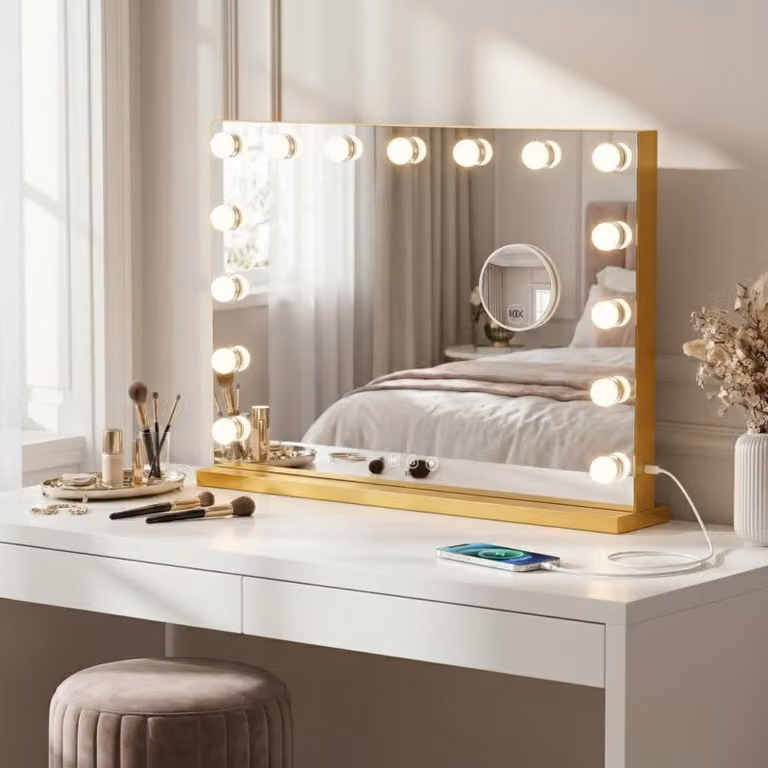 Specchio per trucco con illuminazione - Stile Hollywood - 50 x 40 cm - Ingrandimento 10x - Oro