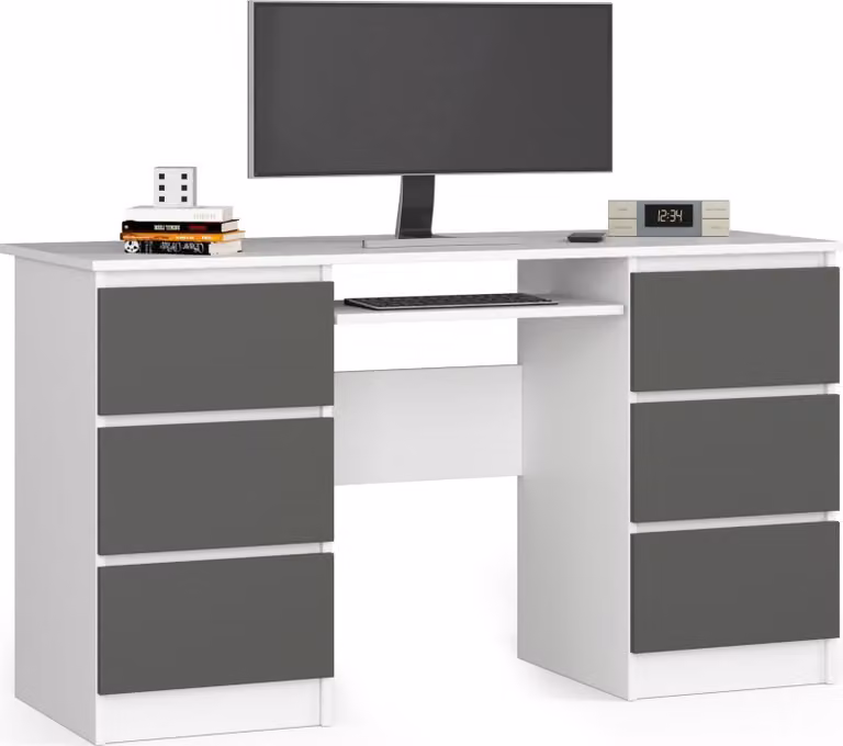 Scrivania A-11 135 cm 6 cassetti bianco grigio grafite