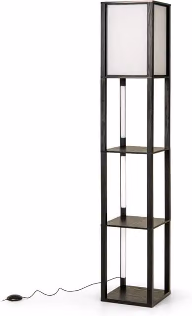 Lampada da terra moderna con ripiani in legno e illuminazione regolabile, colore nero, L/P/H: 29 x 29 x 163 cm