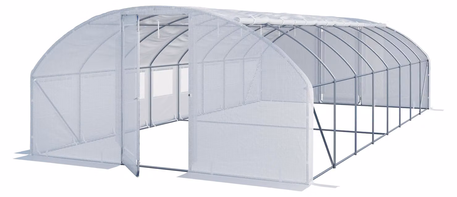 Serra Tunnel TOOLPORT con porta a battente, 4x8m telo in PE 180g/m² bianco trasparente