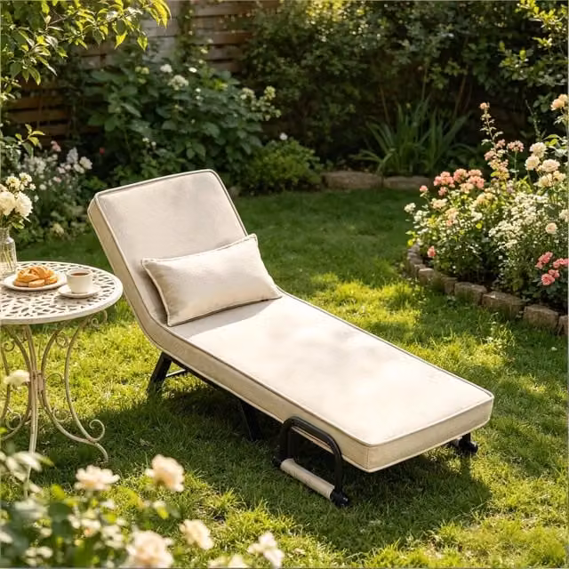 Poltrona letto pieghevole 3 in 1 con schienale regolabile a 5 posizioni, senza materasso, beige per piccoli spazi