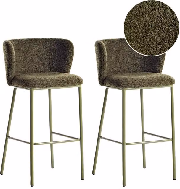 Set di 2 sedie da bar moderne in poliestere verde Schienale curvo Gambe nere Sala da pranzo moderna Cucina