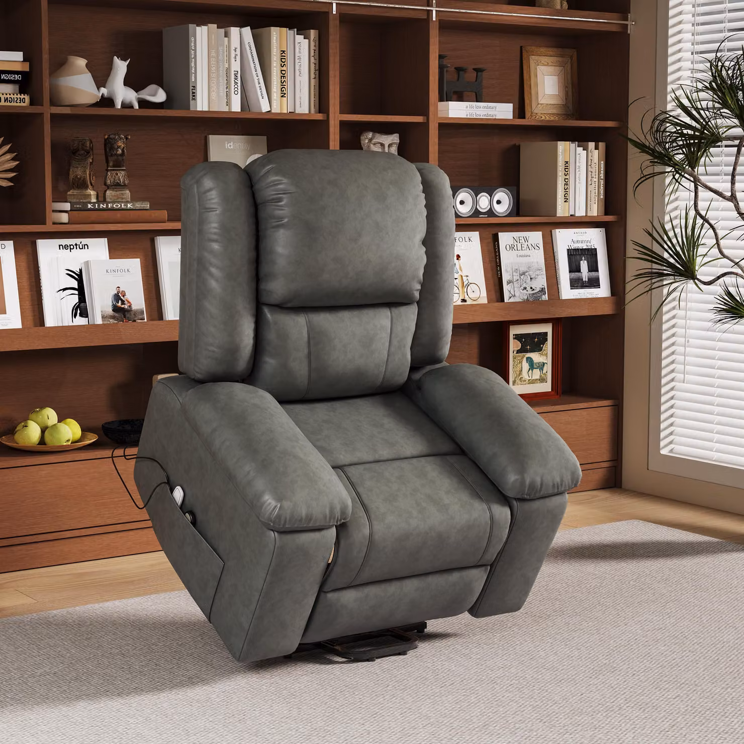 Fortuna Lai poltrona elettrica stand-up TV poltrona massaggiante con vibrazione e calore, tasche laterali, reclinabile con telecomando, grigio