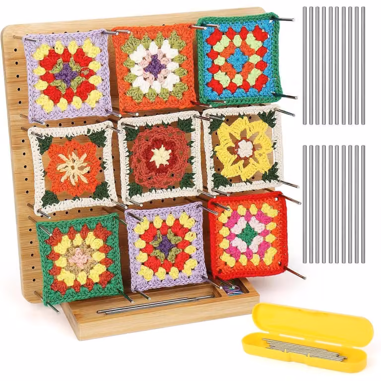 Tavola di legno per realizzare granny squares, dimensioni 29 cm, con 20 perline in acciaio inossidabile e contenitore per la conservazione
