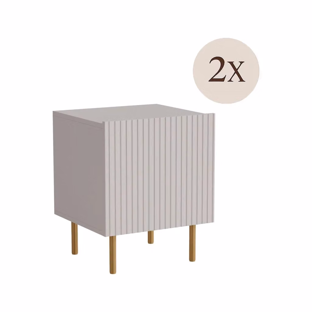 Set di 2 comodini Farini DMORA, comò basso con anta battente e vano interno, finitura effetto cannettato beige opaco, L: 45 cm, P: 40 cm, H: 51 cm – 2