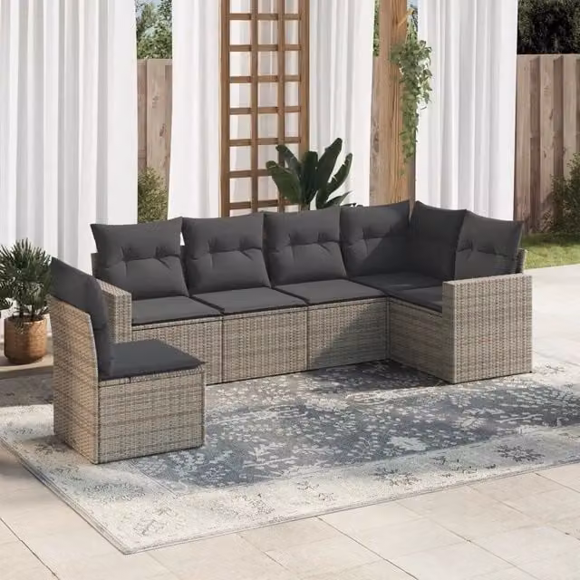 Set da giardino VIDAXL a 6 posti in polyrattan grigio con cuscini in tessuto e design moderno a L – 1