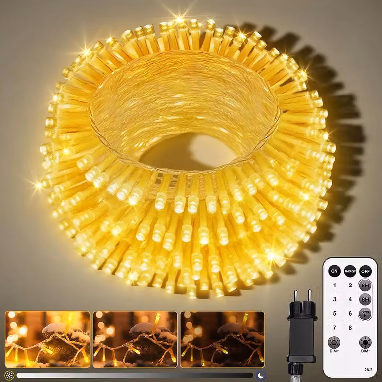 Catena luminosa per interni ed esterni - Catena luminosa a LED - 200 LED - Telecomando - Dimmerabile - Luce bianco caldo - 8 modalità di illuminazione - Grado di protezione IP54