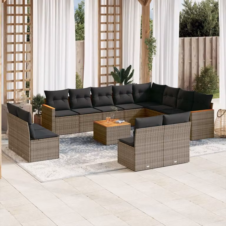 vidaXL Set Divani da Giardino 13 pz in Polyrattan Grigio con Cuscini e Tavolino da Caffè