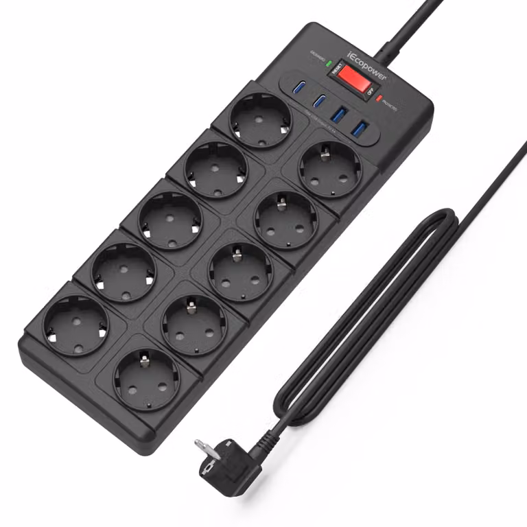 Ciabatta multipresa con 10 prese, ciabatta con porte USB (PD 20 W, 2 porte USB-C e 2 porte USB-A), ciabatta con interruttore, 4000 W/16 A, 1050 J