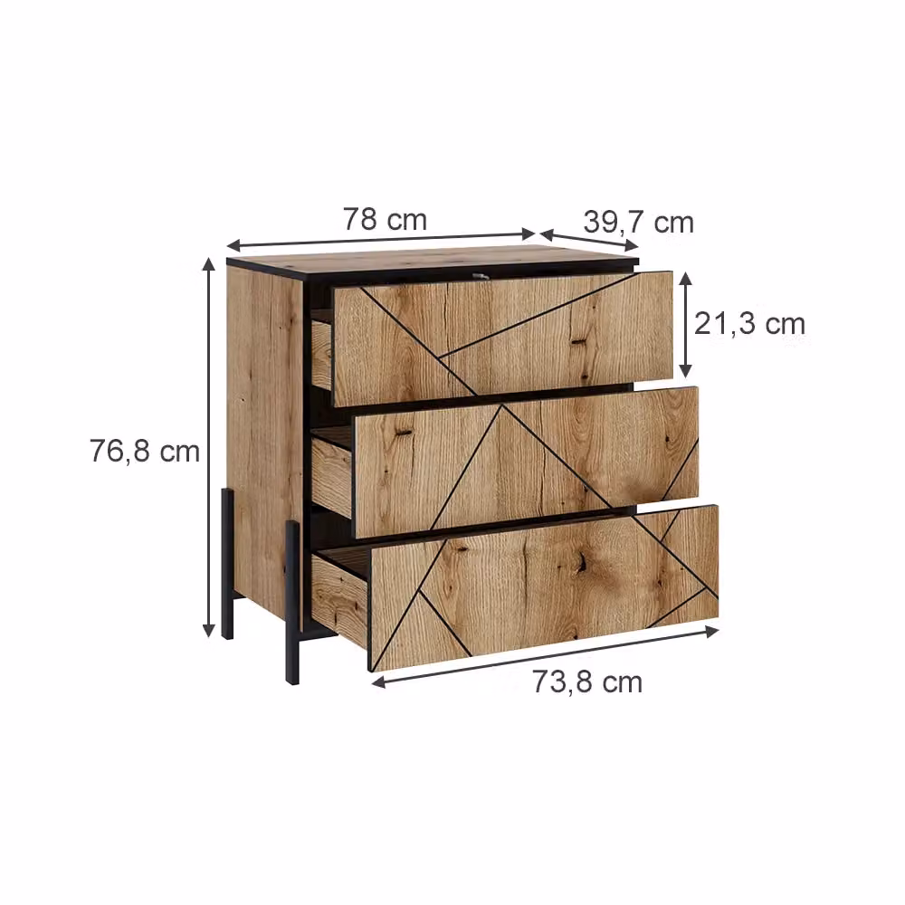 Cassettiera moderna Vicco per camera da letto in rovere marrone con 3 cassetti H: 78 cm, L: 76.8 cm, P: 39.7 cm – 2