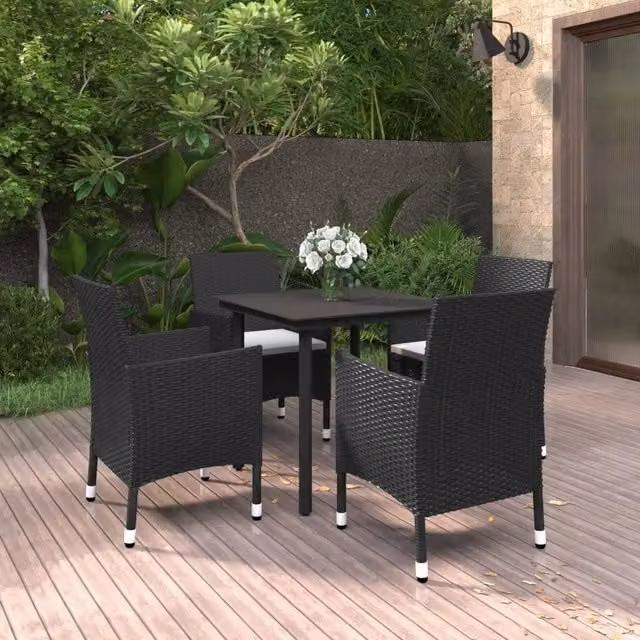 Set da Pranzo da Giardino 5 pz con Cuscini Polyrattan e Vetro 3099680
