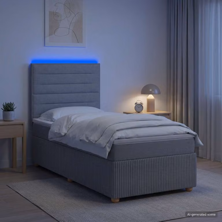 Letto Box Spring vidaXL con Materasso Ibrido e Illuminazione LED sotto il letto, Grigio e Bianco, L/P: 200 x 90 cm