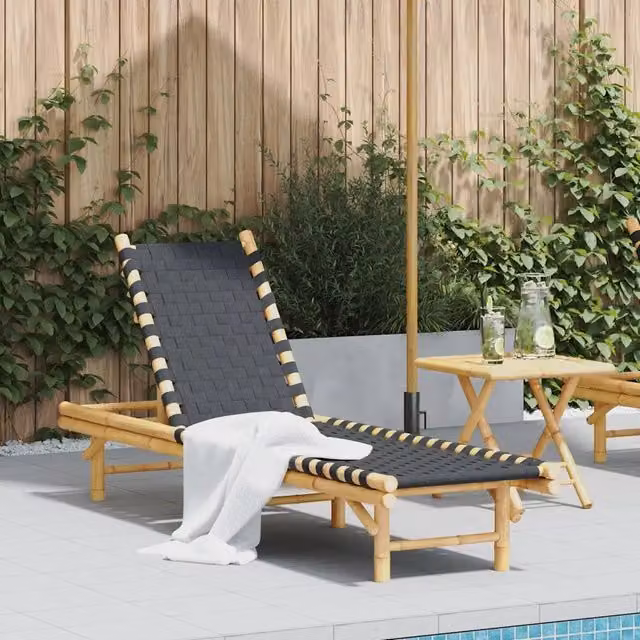 Lettino prendisole vidaXL in legno di bambù con fettuccia intrecciata nera e marrone, poggiatesta regolabile, L 200 x P 55 x H 30 cm – 1