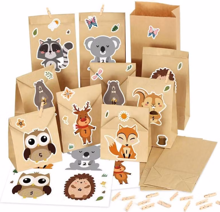 Calendario dell'Avvento da riempire per bambini 24 sacchetti di carta kraft Calendario di Natale fai da te animali della foresta