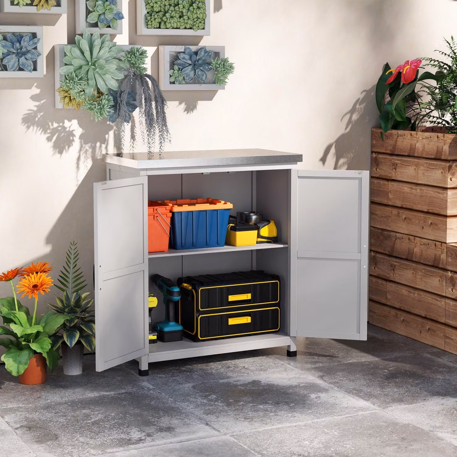 Armadietto da giardino con piano di lavoro - Casetta da giardino in legno | Colore: Grigio | Dimensioni: 43x79x92 cm
