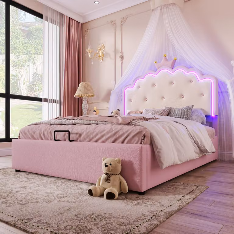 Letto imbottito STILVORA 140x200 per bambini senza materasso con rete a doghe, letto per ragazzi con rete APP-LED a luce ambiente,  a forma di principessa, rosa