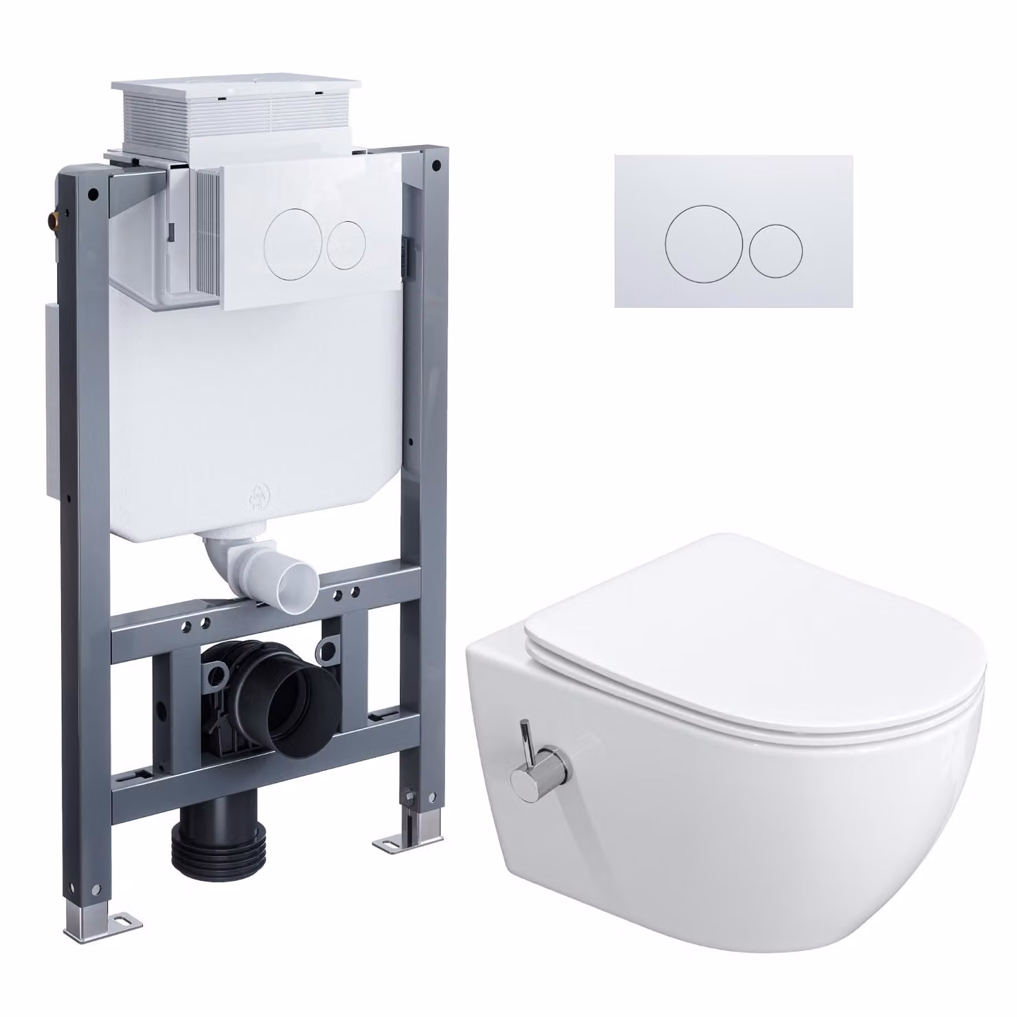 Set completo per WC sospeso con doccia integrata HOROW - 82 cm, composto da: elemento di supporto a muro, cassetta di scarico nascosta, vaso WC sospeso e pulsante rotondo bianco