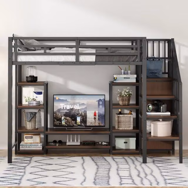 Letto a soppalco singolo Chicfurn nero con supporto TV, scala e ripiani laterali, L/P/H: 200 x 90 x 251 cm