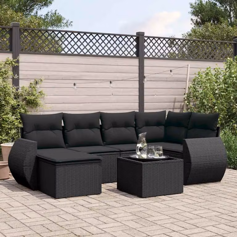 vidaXL Set Divani da Giardino a L con Cuscini 7pz in Polyrattan Nero