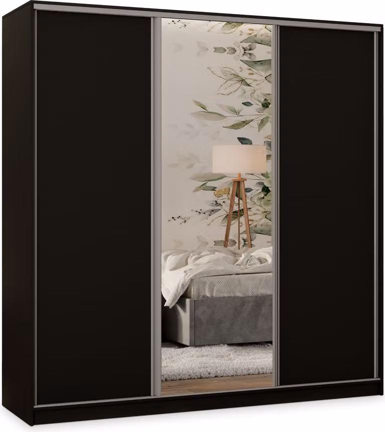 Armadio scorrevole Masseno TARI 200/205/58 cm Armadio con 4 cassetti Armadio per camera da letto a 3 ante con specchio Nero