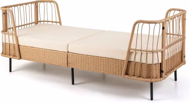 Divano Lettino Prendisole Imbottito da Giardino in Rattan PE, Beige Struttura in Metallo, Due Cuscini Simmetrici con Braccioli e Piedini Regolabili, per Soggiorno Balcone Patio, Portata 360 kg