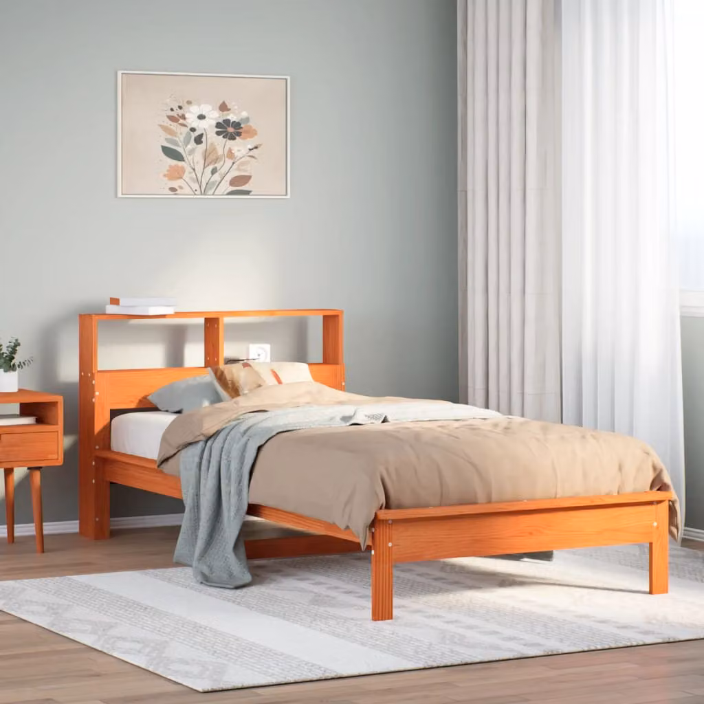 Letto Libreria vidaXL in Legno di Pino Marrone Cera con Ripiani Laterali L/P/H: 200 x 90 x 102 cm – 1