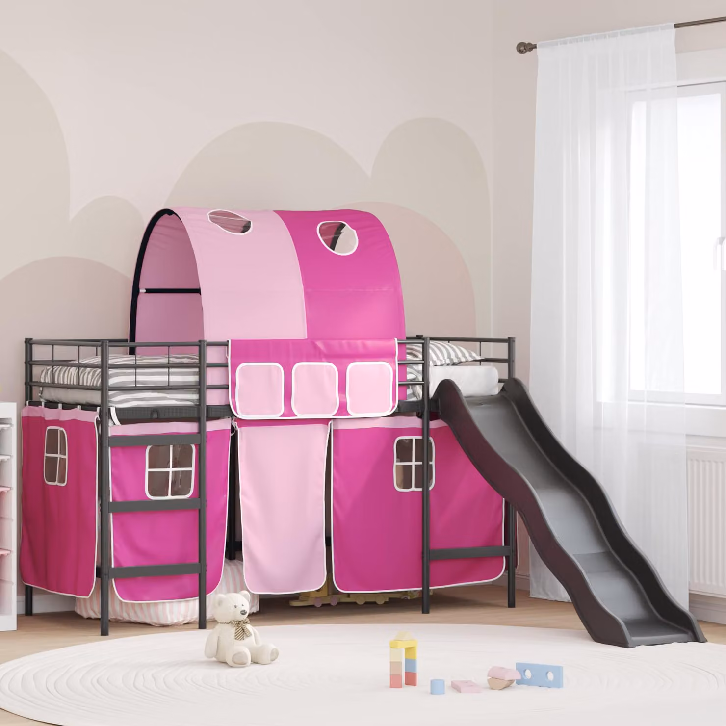 Letto a castello per bambini vidaXL in metallo con struttura a casetta e scala, Nero e rosa, L: 194 cm, P: 80 cm, H: 116 cm – 1